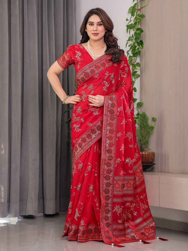 Classic Red Fendi Satin Block & Foil Print Saree with Floral Motifs, Attached Blouse & Tassel Pallu