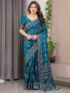 Teal Blue Fendi Satin Block & Foil Print Saree with Floral Motifs, Attached Blouse & Tassel Pallu