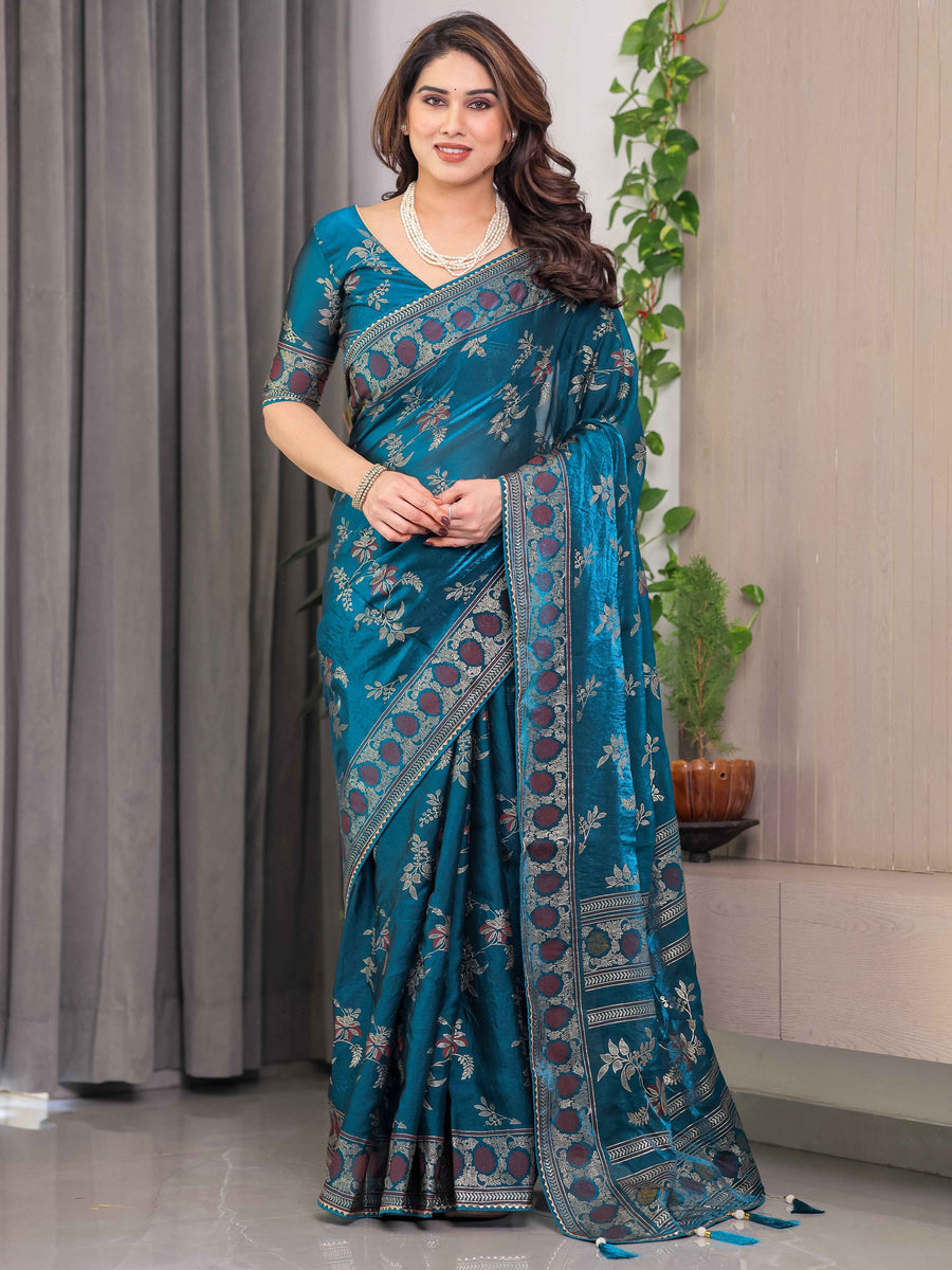Teal Blue Fendi Satin Block & Foil Print Saree with Floral Motifs, Attached Blouse & Tassel Pallu