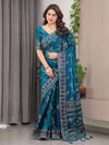 Teal Blue Fendi Satin Block & Foil Print Saree with Floral Motifs, Attached Blouse & Tassel Pallu