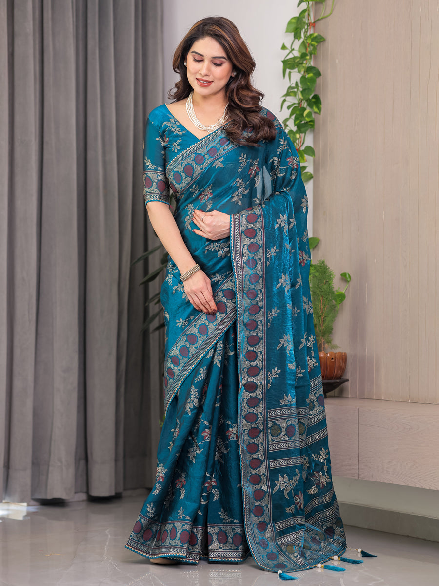 Teal Blue Fendi Satin Block & Foil Print Saree with Floral Motifs, Attached Blouse & Tassel Pallu
