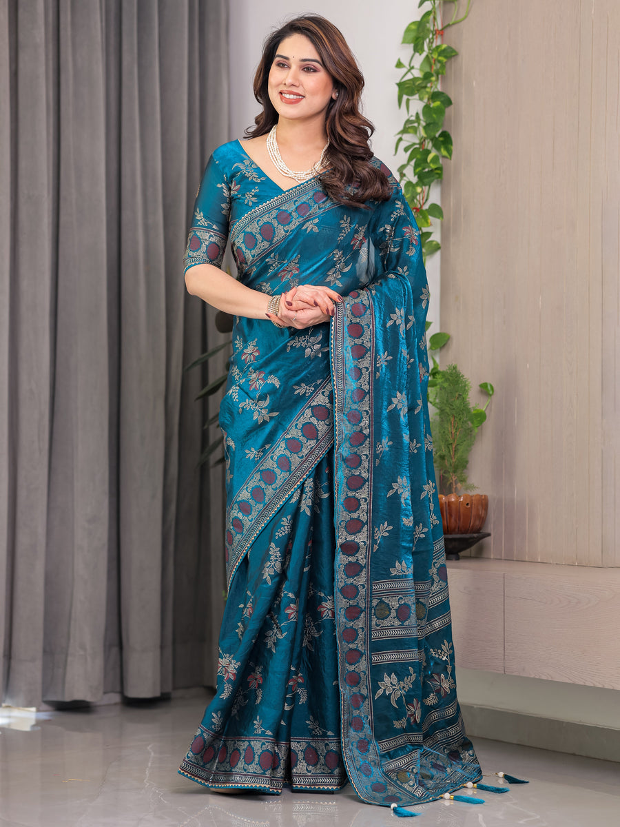 Teal Blue Fendi Satin Block & Foil Print Saree with Floral Motifs, Attached Blouse & Tassel Pallu