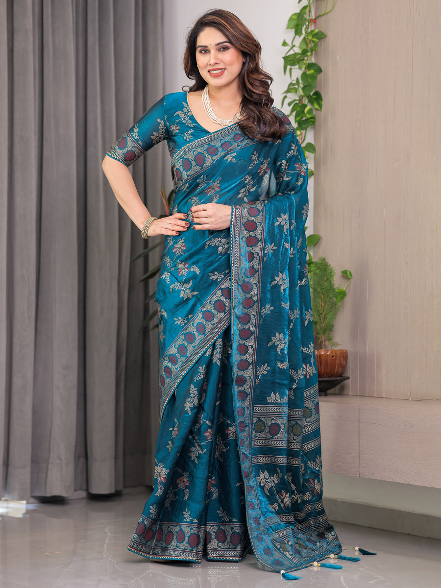 Teal Blue Fendi Satin Block & Foil Print Saree with Floral Motifs, Attached Blouse & Tassel Pallu