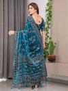 Teal Blue Fendi Satin Block & Foil Print Saree with Floral Motifs, Attached Blouse & Tassel Pallu