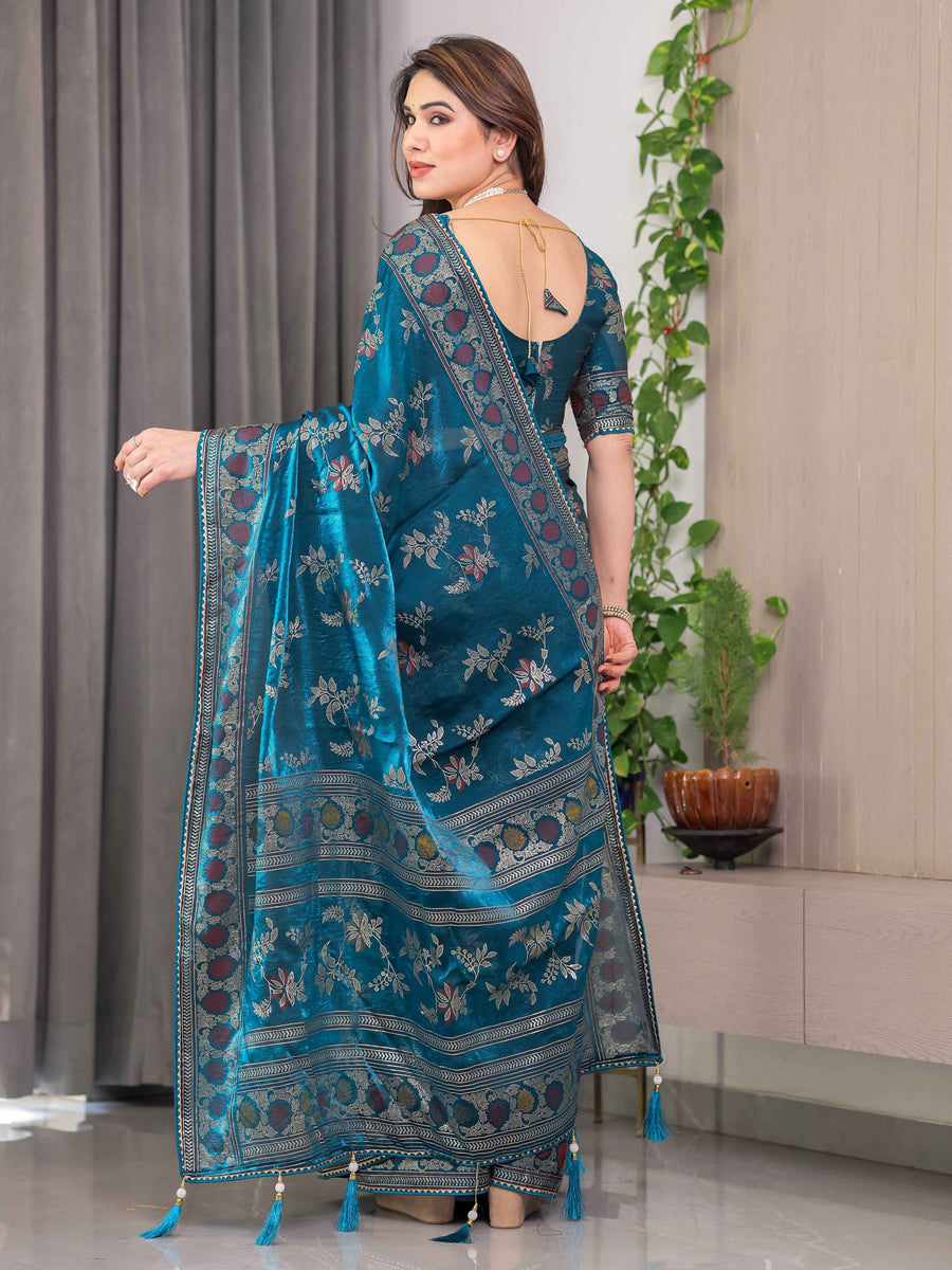 Teal Blue Fendi Satin Block & Foil Print Saree with Floral Motifs, Attached Blouse & Tassel Pallu