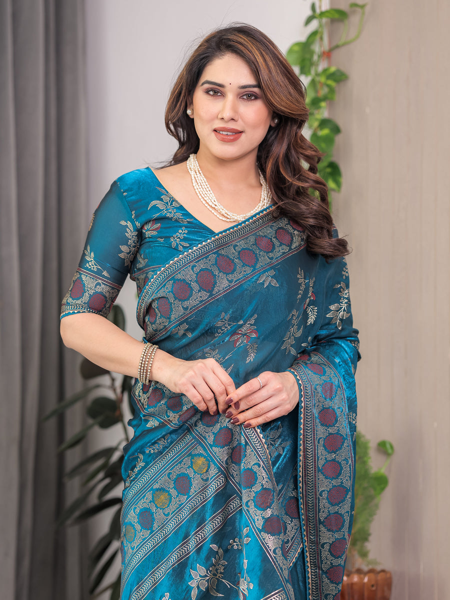 Teal Blue Fendi Satin Block & Foil Print Saree with Floral Motifs, Attached Blouse & Tassel Pallu