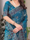 Teal Blue Fendi Satin Block & Foil Print Saree with Floral Motifs, Attached Blouse & Tassel Pallu