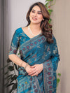 Teal Blue Fendi Satin Block & Foil Print Saree with Floral Motifs, Attached Blouse & Tassel Pallu