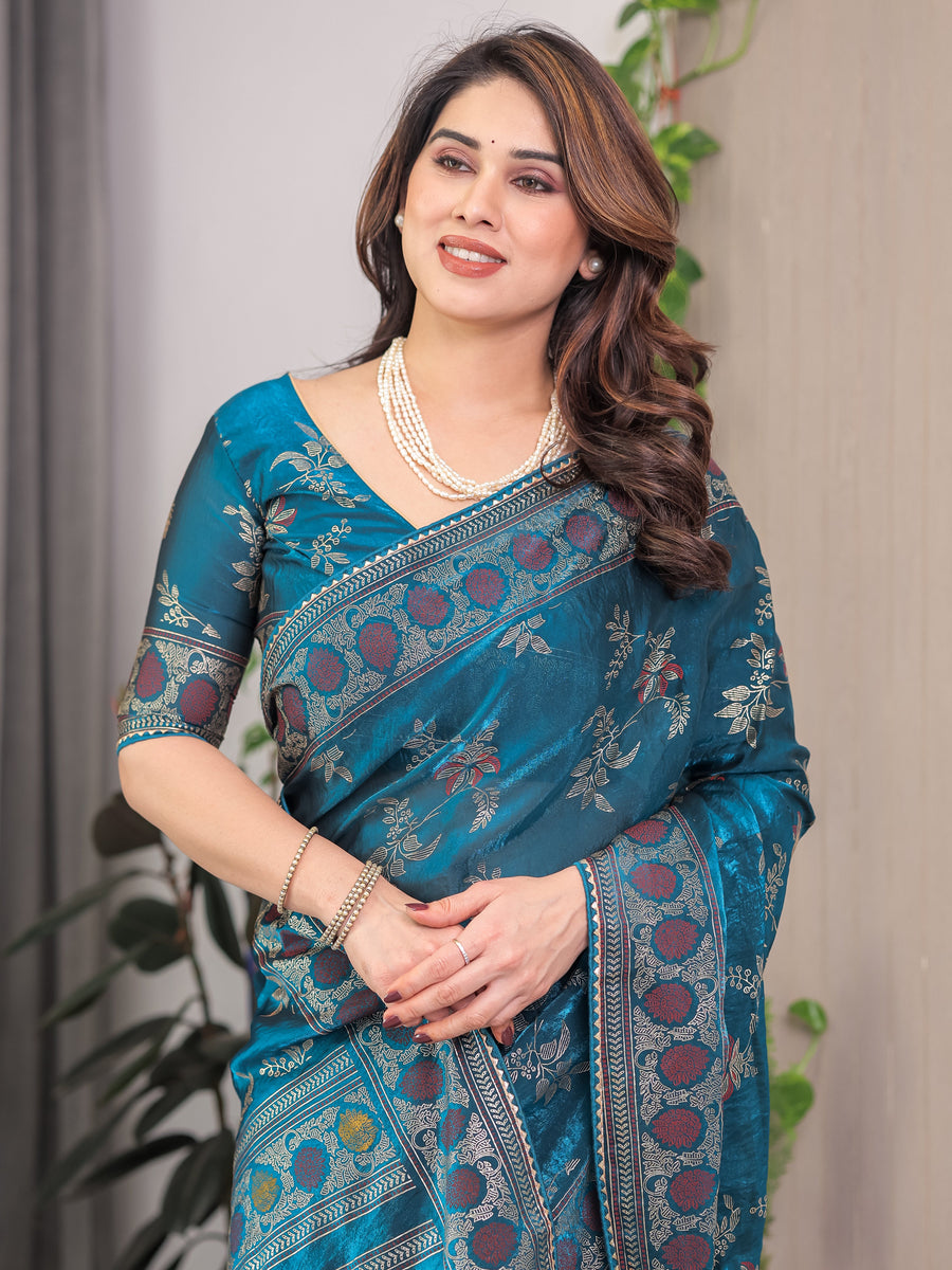 Teal Blue Fendi Satin Block & Foil Print Saree with Floral Motifs, Attached Blouse & Tassel Pallu