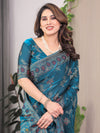 Teal Blue Fendi Satin Block & Foil Print Saree with Floral Motifs, Attached Blouse & Tassel Pallu