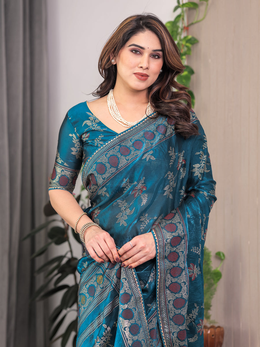 Teal Blue Fendi Satin Block & Foil Print Saree with Floral Motifs, Attached Blouse & Tassel Pallu