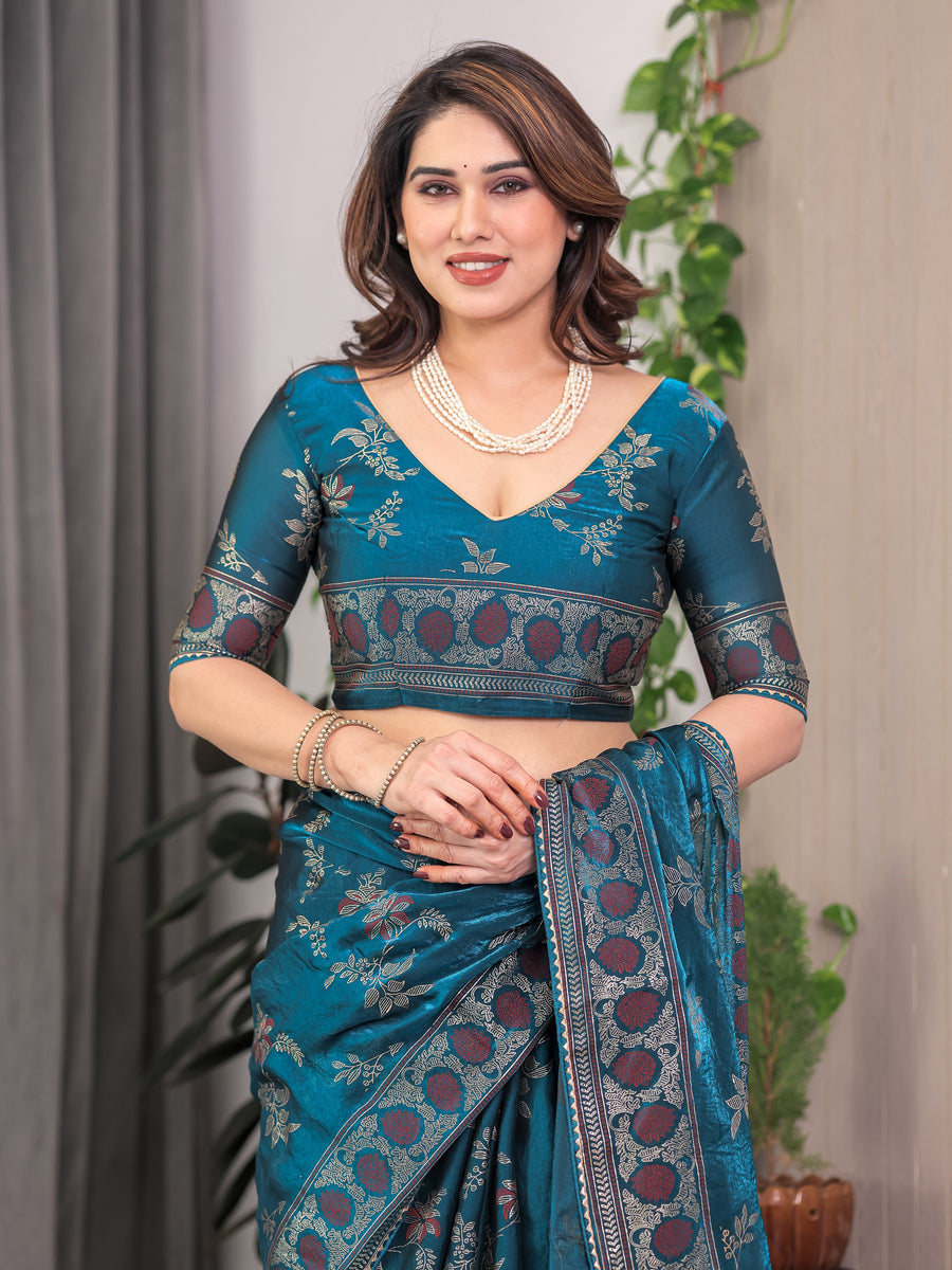 Teal Blue Fendi Satin Block & Foil Print Saree with Floral Motifs, Attached Blouse & Tassel Pallu