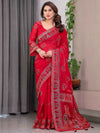 Crimson Red Fendi Satin Block & Foil Print Saree with Traditional Motif Border & Tassel Finish Blouse