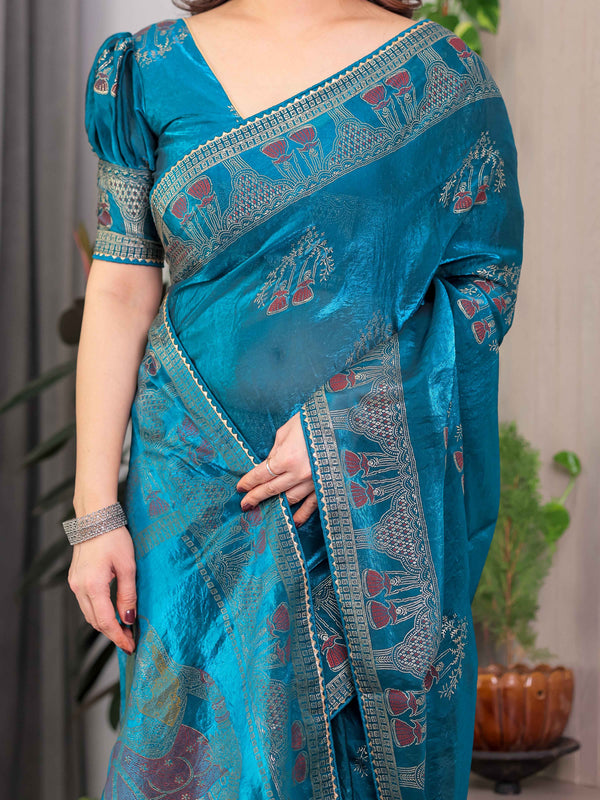 Teal Peacock Blue Fendi Satin Block & Foil Print Saree with Traditional Motif Border & Tassel Detail Blouse