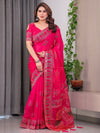 Rani Pink Fendi Satin Block & Foil Print Saree with Traditional Motif Border & Tassel Detail Blouse
