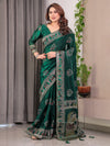 Emerald Green Fendi Satin Block & Foil Print Saree with Heritage Motif Border & Tassel Detail Blouse