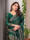 Emerald Green Fendi Satin Block & Foil Print Saree with Heritage Motif Border & Tassel Detail Blouse