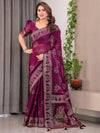 Wine Plum Fendi Satin Block & Foil Print Saree with Traditional Motif Border & Tassel Detail Blouse