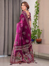 Wine Plum Fendi Satin Block & Foil Print Saree with Traditional Motif Border & Tassel Detail Blouse