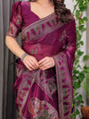 Wine Plum Fendi Satin Block & Foil Print Saree with Traditional Motif Border & Tassel Detail Blouse