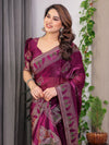 Wine Plum Fendi Satin Block & Foil Print Saree with Traditional Motif Border & Tassel Detail Blouse