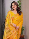 Mustard Yellow Fendi Satin Block & Foil Print Saree with Traditional Motif Border & Tassel Detail Blouse