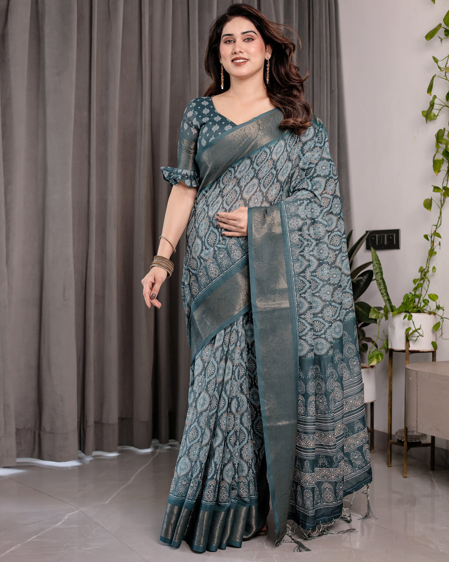 Teal Blue Pure Handloom Linen Saree with Ethnic Mandala Prints & Zari Border | Rich Pallu with Tassels | 5.5m Saree + 0.8m Blouse