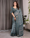 Teal Blue Pure Handloom Linen Saree with Ethnic Mandala Prints & Zari Border | Rich Pallu with Tassels | 5.5m Saree + 0.8m Blouse
