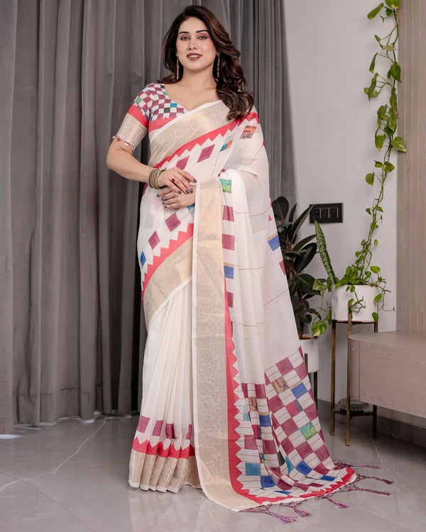 Multicolor Floral Linen Saree for Women | Traditional Indian Festive Wear – Navratri Special Drape