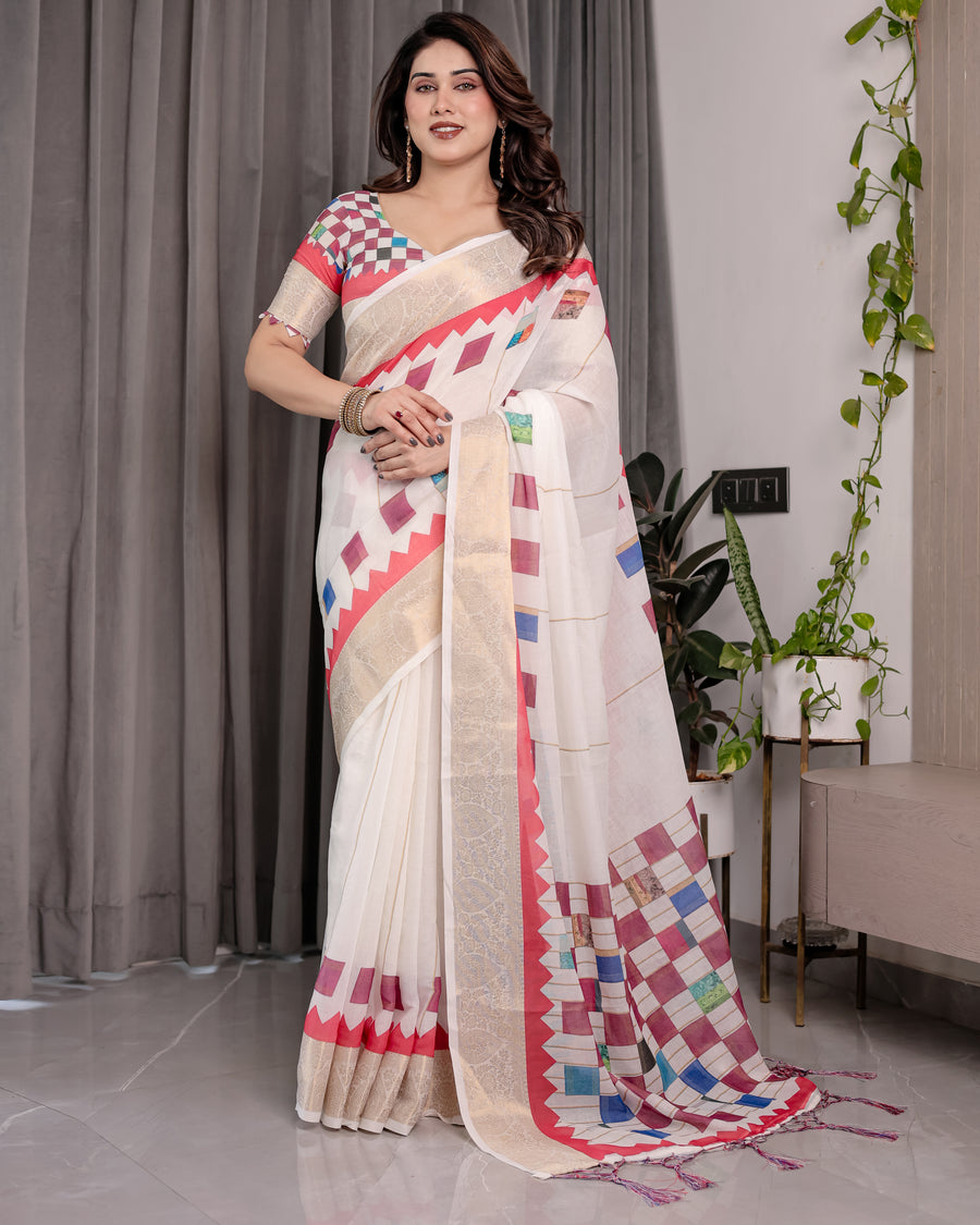 Multicolor Floral Linen Saree for Women | Traditional Indian Festive Wear – Navratri Special Drape