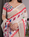 Off-White Handloom Linen Saree with Multicolor Checkered Pallu & Red-Gold Zari Border | Festive Tassel Finish | Attached Blouse | 5.5m Saree + 0.8m Blouse