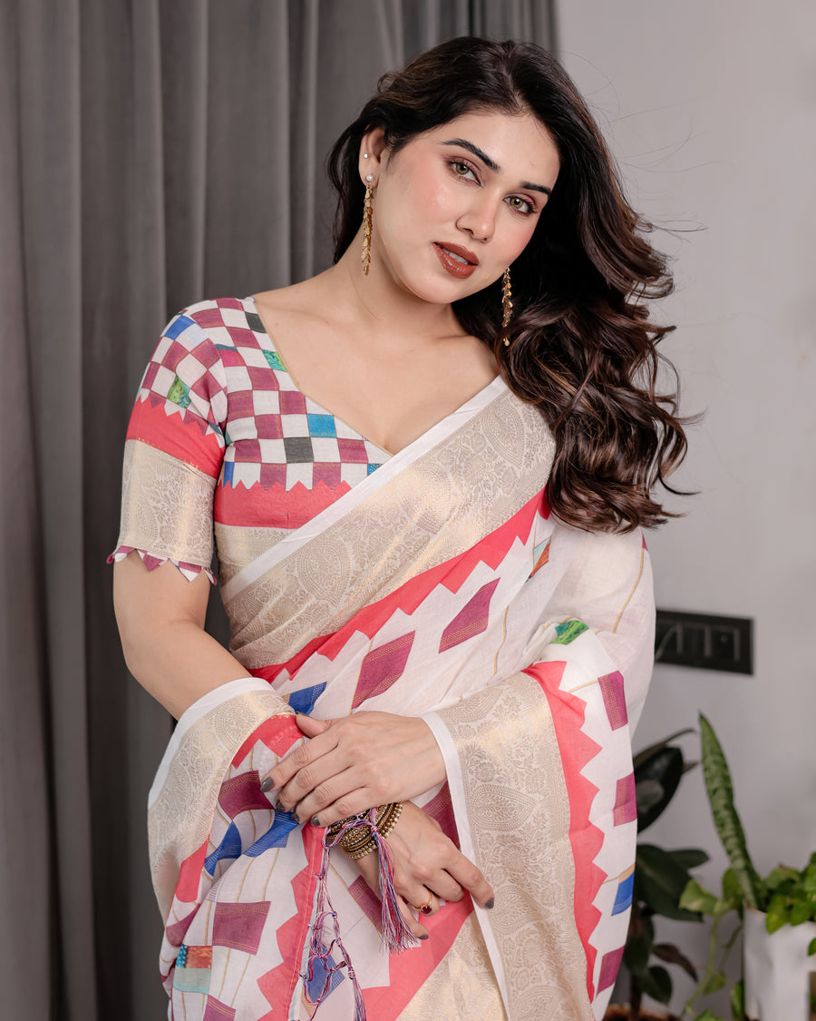 Multicolor Floral Linen Saree for Women | Traditional Indian Festive Wear – Navratri Special Drape