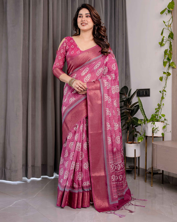 Rani Pink Pure Handloom Linen Saree with White Floral Print & Dual Zari Border | Tassel Finish | 5.5m Saree + 0.8m Blouse