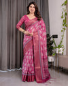 Rani Pink Pure Handloom Linen Saree with White Floral Print & Dual Zari Border | Tassel Finish | 5.5m Saree + 0.8m Blouse