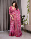 Rani Pink Pure Handloom Linen Saree with White Floral Print & Dual Zari Border | Tassel Finish | 5.5m Saree + 0.8m Blouse