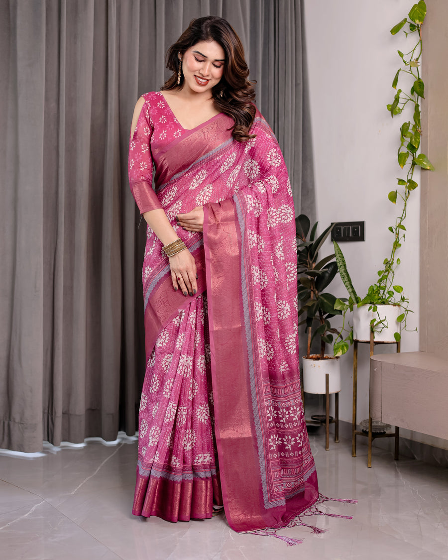 Rani Pink Pure Handloom Linen Saree with White Floral Print & Dual Zari Border | Tassel Finish | 5.5m Saree + 0.8m Blouse