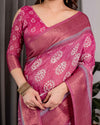 Rani Pink Pure Handloom Linen Saree with White Floral Print & Dual Zari Border | Tassel Finish | 5.5m Saree + 0.8m Blouse