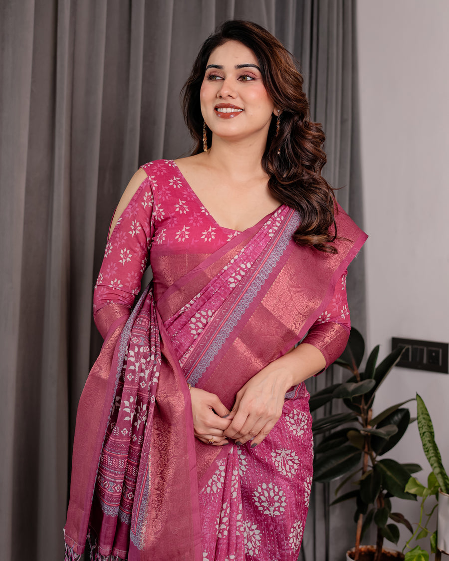 Multicolor Floral Linen Saree for Women | Traditional Indian Festive Wear – Earthy Tones Drape