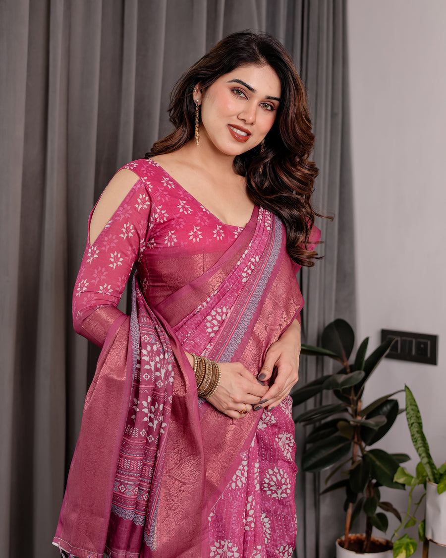 Multicolor Floral Linen Saree for Women | Traditional Indian Festive Wear – Earthy Tones Drape