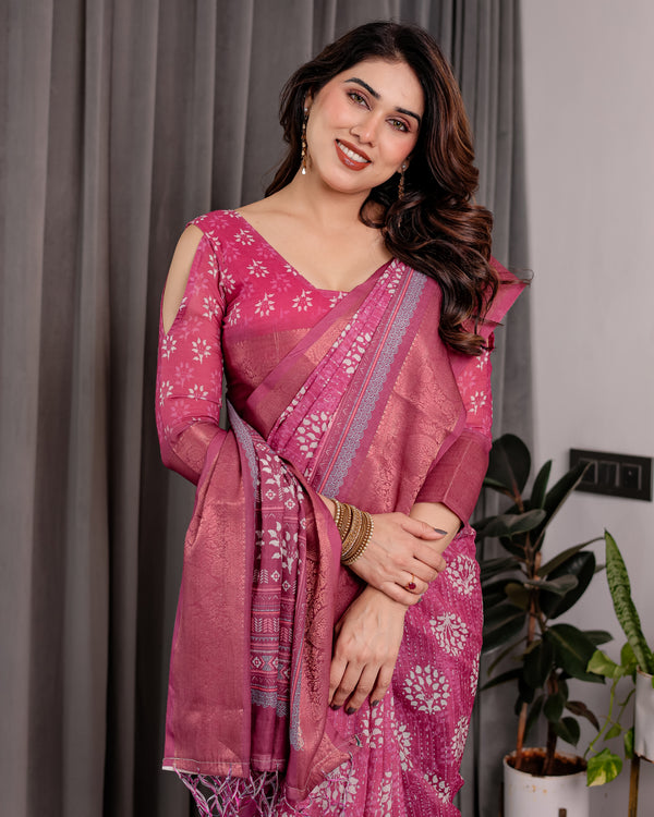 Multicolor Floral Linen Saree for Women | Traditional Indian Festive Wear – Earthy Tones Drape