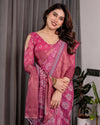 Rani Pink Pure Handloom Linen Saree with White Floral Print & Dual Zari Border | Tassel Finish | 5.5m Saree + 0.8m Blouse
