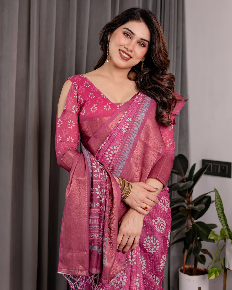 Rani Pink Pure Handloom Linen Saree with White Floral Print & Dual Zari Border | Tassel Finish | 5.5m Saree + 0.8m Blouse