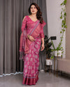 Rani Pink Pure Handloom Linen Saree with White Floral Print & Dual Zari Border | Tassel Finish | 5.5m Saree + 0.8m Blouse