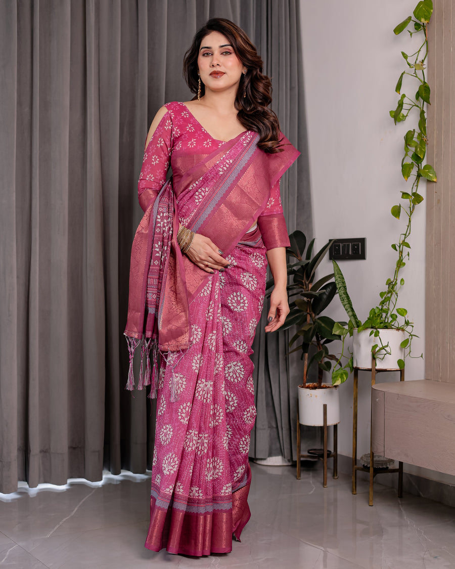 Rani Pink Pure Handloom Linen Saree with White Floral Print & Dual Zari Border | Tassel Finish | 5.5m Saree + 0.8m Blouse