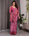 Rani Pink Pure Handloom Linen Saree with White Floral Print & Dual Zari Border | Tassel Finish | 5.5m Saree + 0.8m Blouse