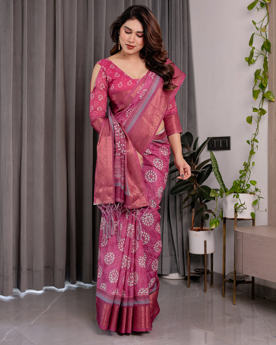 Rani Pink Pure Handloom Linen Saree with White Floral Print & Dual Zari Border | Tassel Finish | 5.5m Saree + 0.8m Blouse