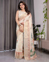 Ivory Cream Pure Handloom Linen Saree with Peach Floral Print & Zari Border | Artistic Garden Pallu & Tassels | 5.5m Saree + 0.8m Blouse