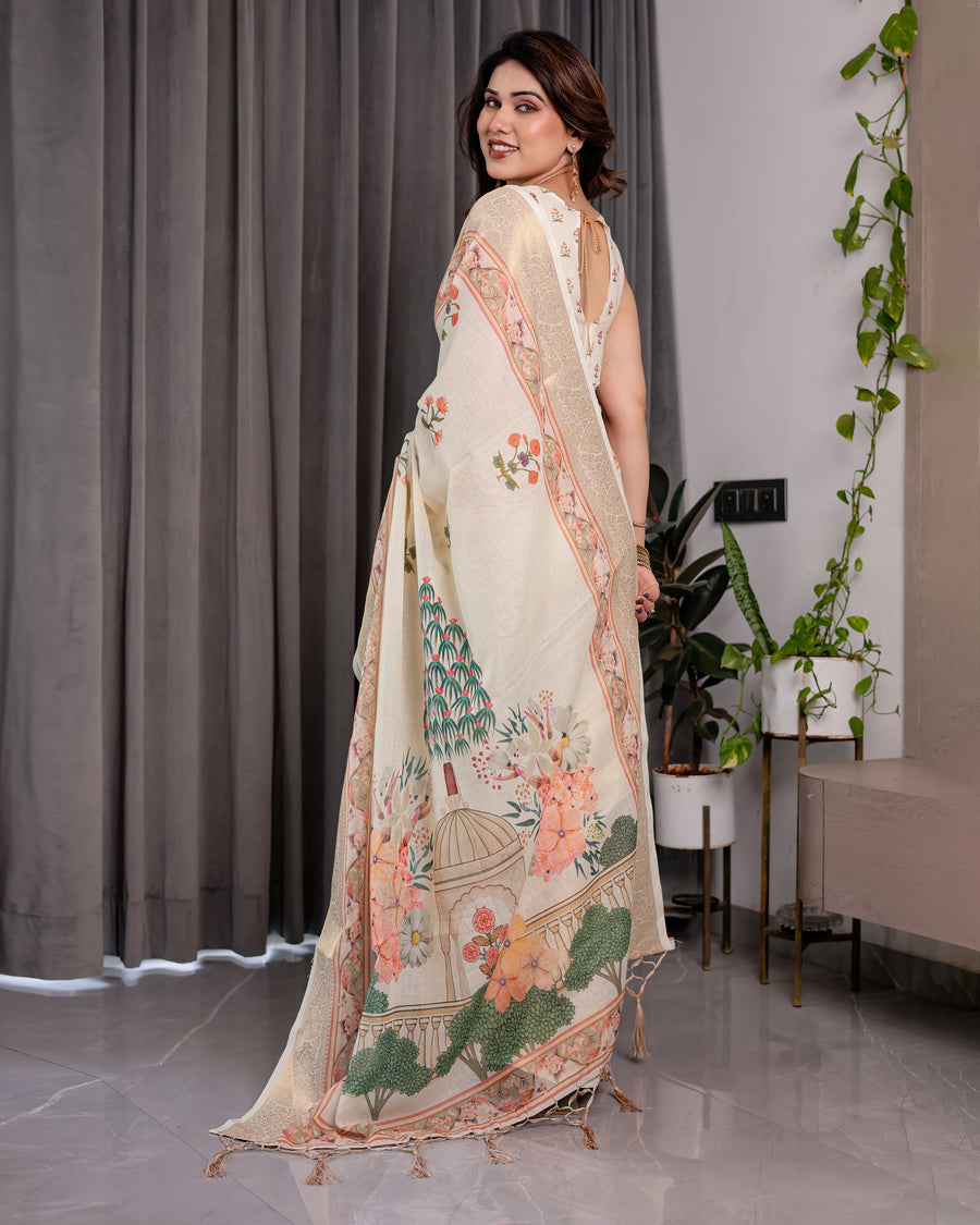Multicolor Floral Linen Saree for Women | Traditional Indian Festive Wear – Pastel Hues Edition