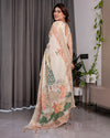 Ivory Cream Pure Handloom Linen Saree with Peach Floral Print & Zari Border | Artistic Garden Pallu & Tassels | 5.5m Saree + 0.8m Blouse