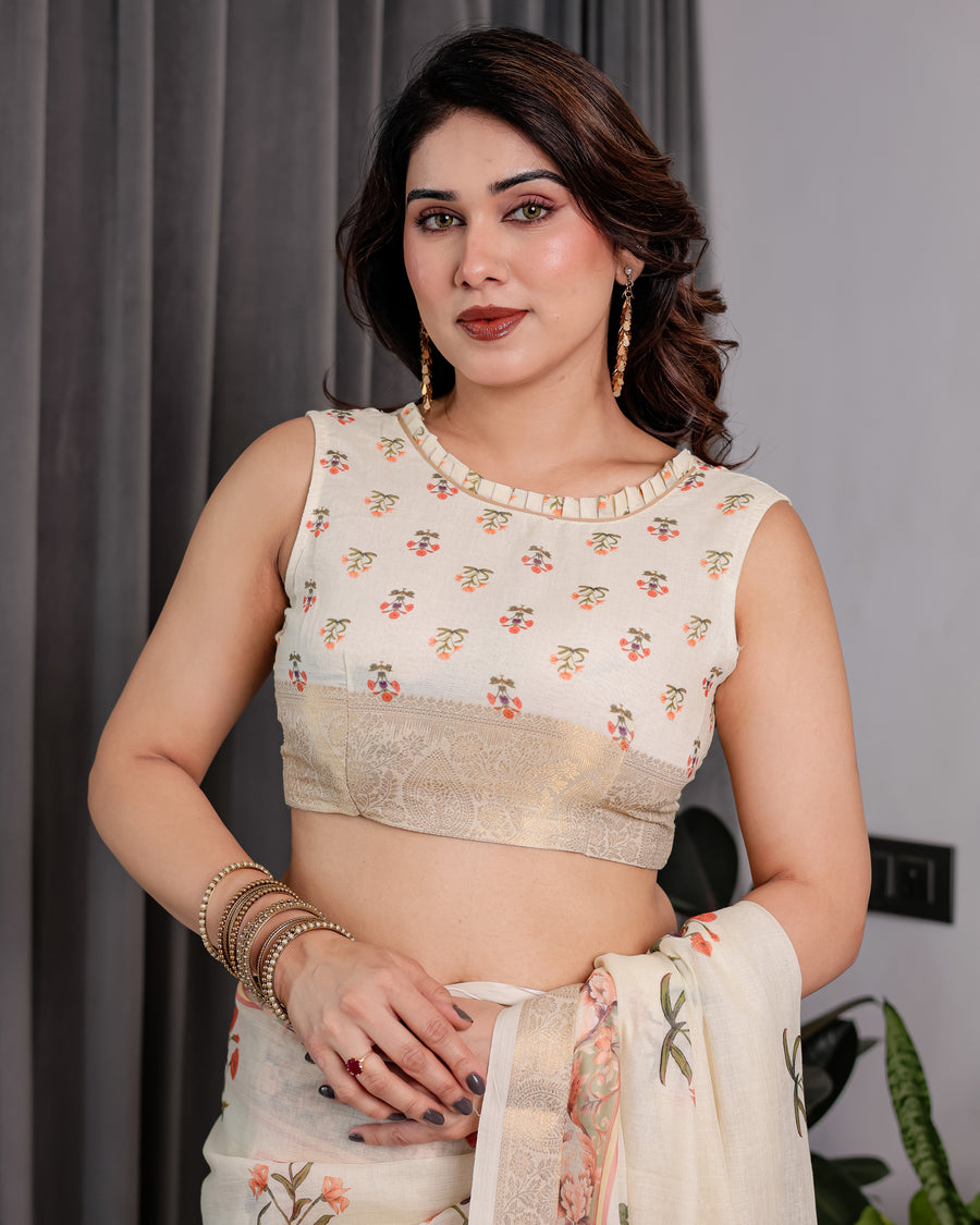 Multicolor Floral Linen Saree for Women | Traditional Indian Festive Wear – Pastel Hues Edition